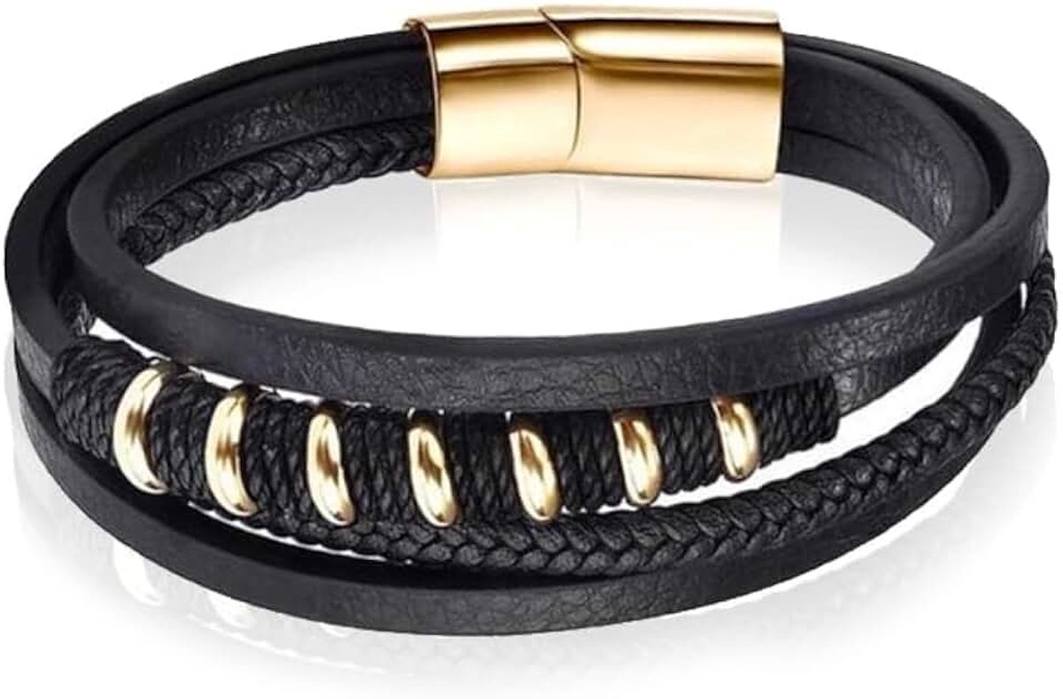 Armband Mendes RVS kralen Touw Zwart Goudkleurig-18.5cm