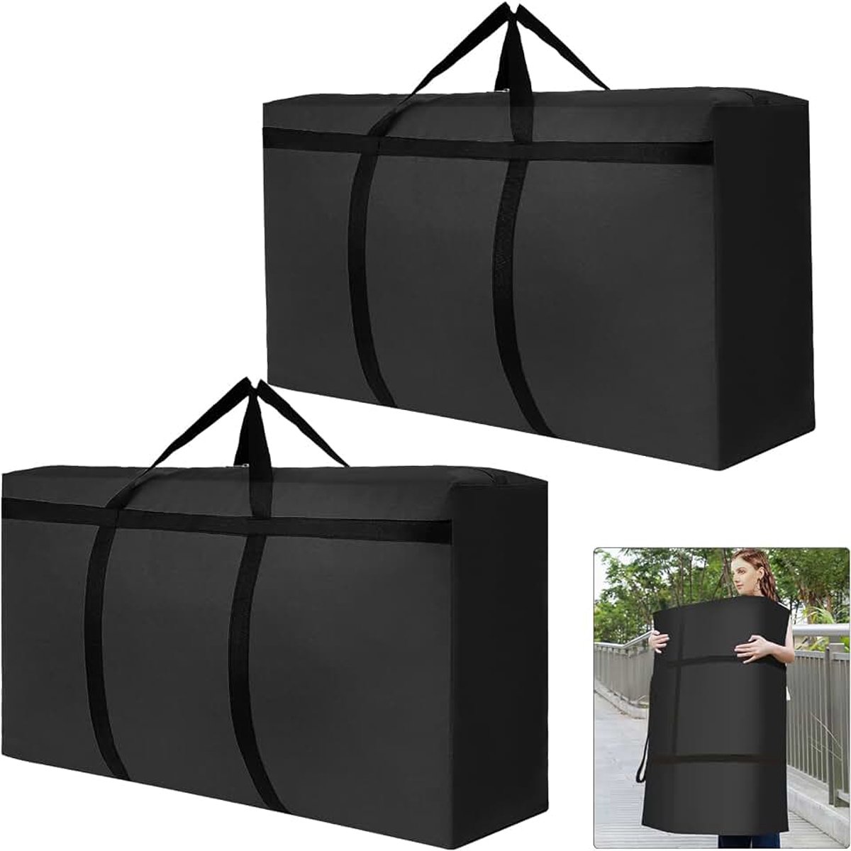 Opbergtas, Extra Grote Verhuiszakken met Ritssluitingen Handgreep, Waterdichte Draagtas voor Verhuizing, Dekbedden, Beddengoed, Kleding Opbergen (zwart)
