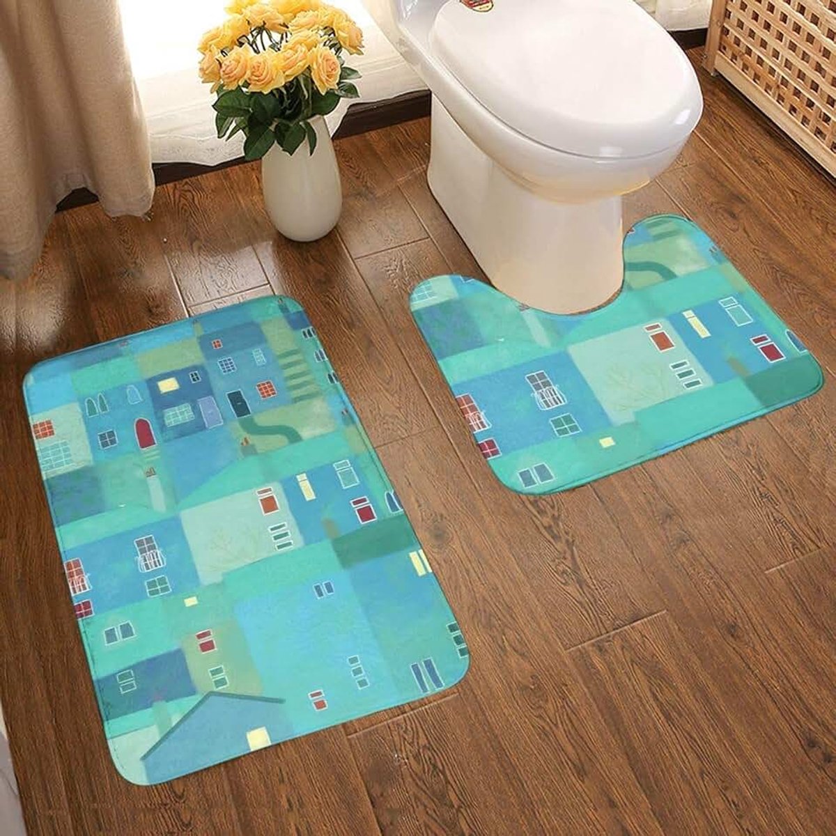 Stad van de trappen 2-delige zachte anti-slip bad mat Kit, textuur fotografie inclusief 80x50cm hoge absorptie wc-bril en 50x40cm microvezel zachte pluizige badkamer tapijt, anti-slip mat wasba