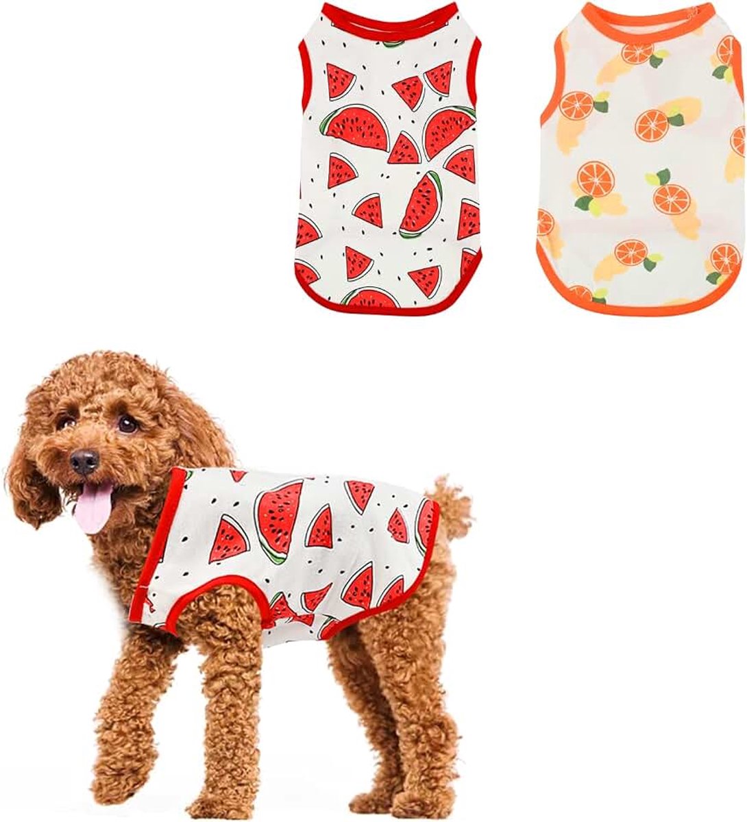 2 stuks Hondenshirts, hondenshirts, hondenhemden, kleine hondenkleding, katoen, huisdiershirts, puppy fruit, bedrukt T-shirt, dun, zomer, vest, ademend, puppysweatshirt, Chihuahua, jurk, maat L
