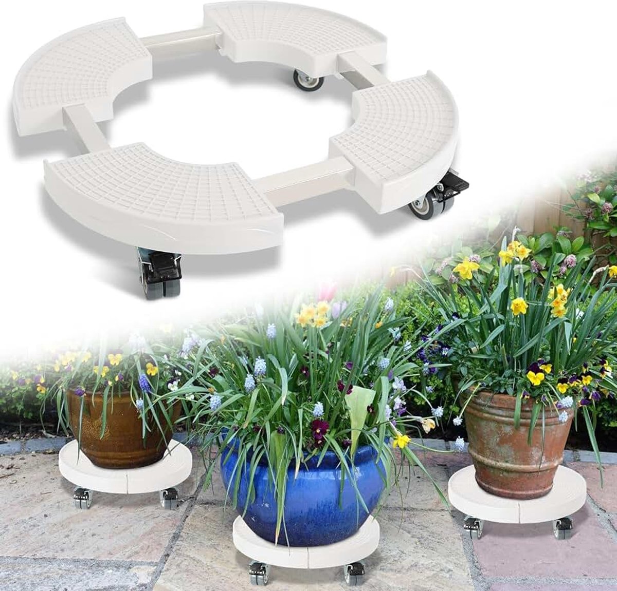 Plantenroller, rolonderzetter, draagkracht 200 kg, instelbaar Ø 38 cm tot 54 cm, bloemenroller met 360 graden draaibaar parkeerwiel, bloempot voor binnen en buiten, weerbestendig, wit