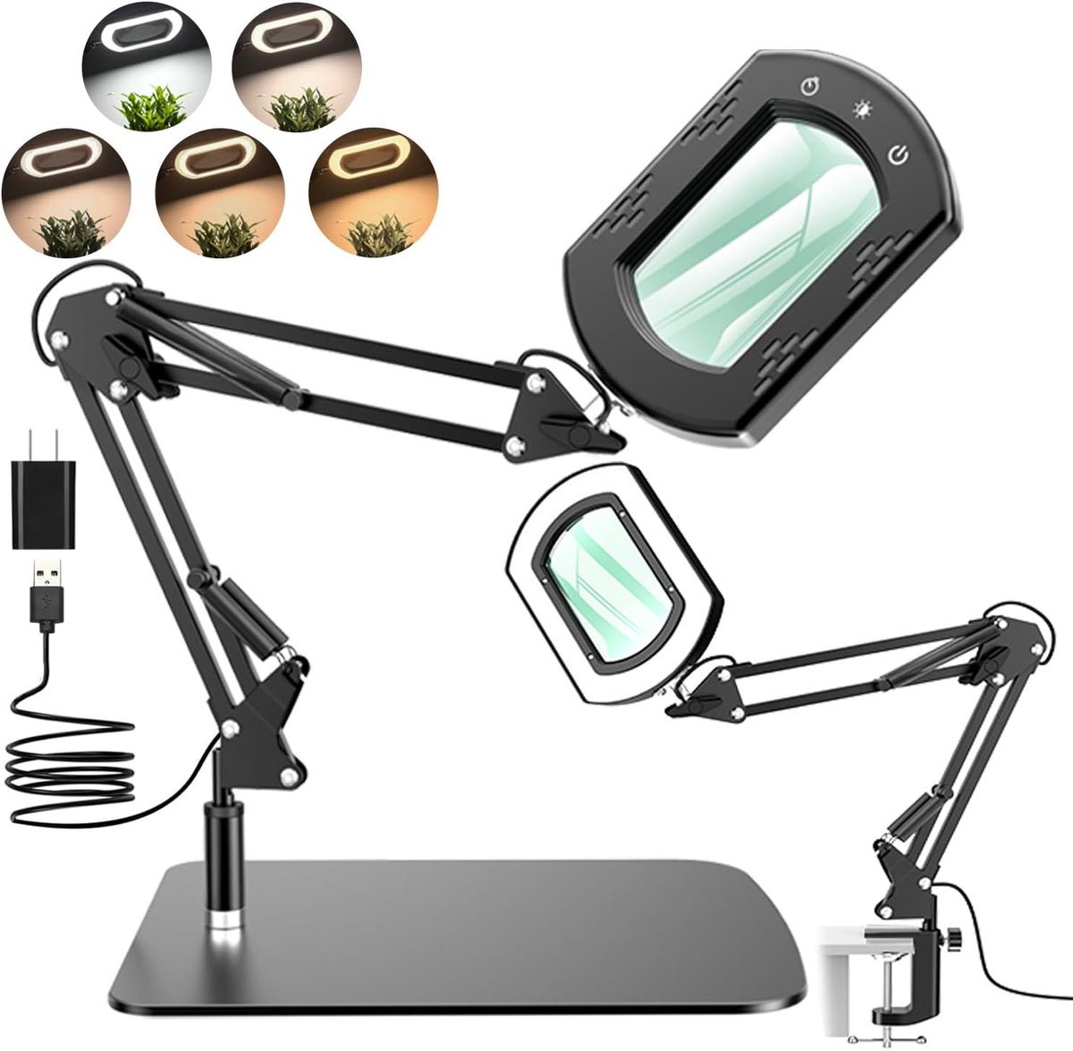 15× Vergrootglas met LED-verlichting, Rechthoekige Leesloep met Echt Glas en Standaard, Handsfree Loeplamp met Touchbediening, 5 Kleurstanden & Traploos Dimbaar, 2-in-1 LED Bureaulamp met Klem voor Lezen en Precisiewerk