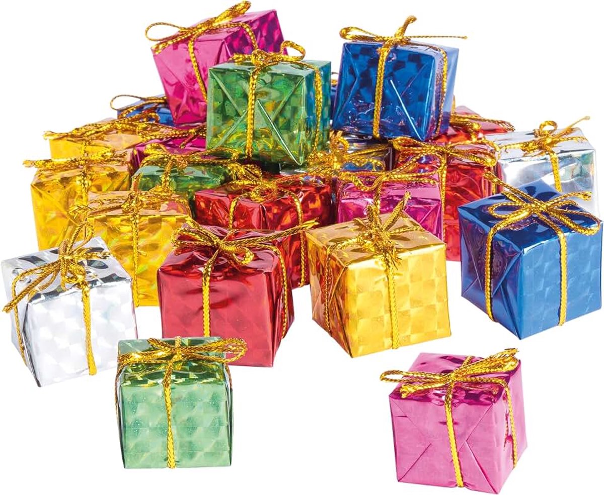 24 decoratieve cadeaupakketjes 24x24x22mm kleurrijk met strik Kerstdecoratie kerstboom kerstboomversiering