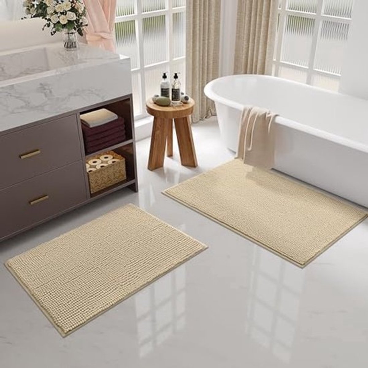 Chenille Badmat Antislip Zacht Absorberend Wasbaar 50 x 80 cm Beige