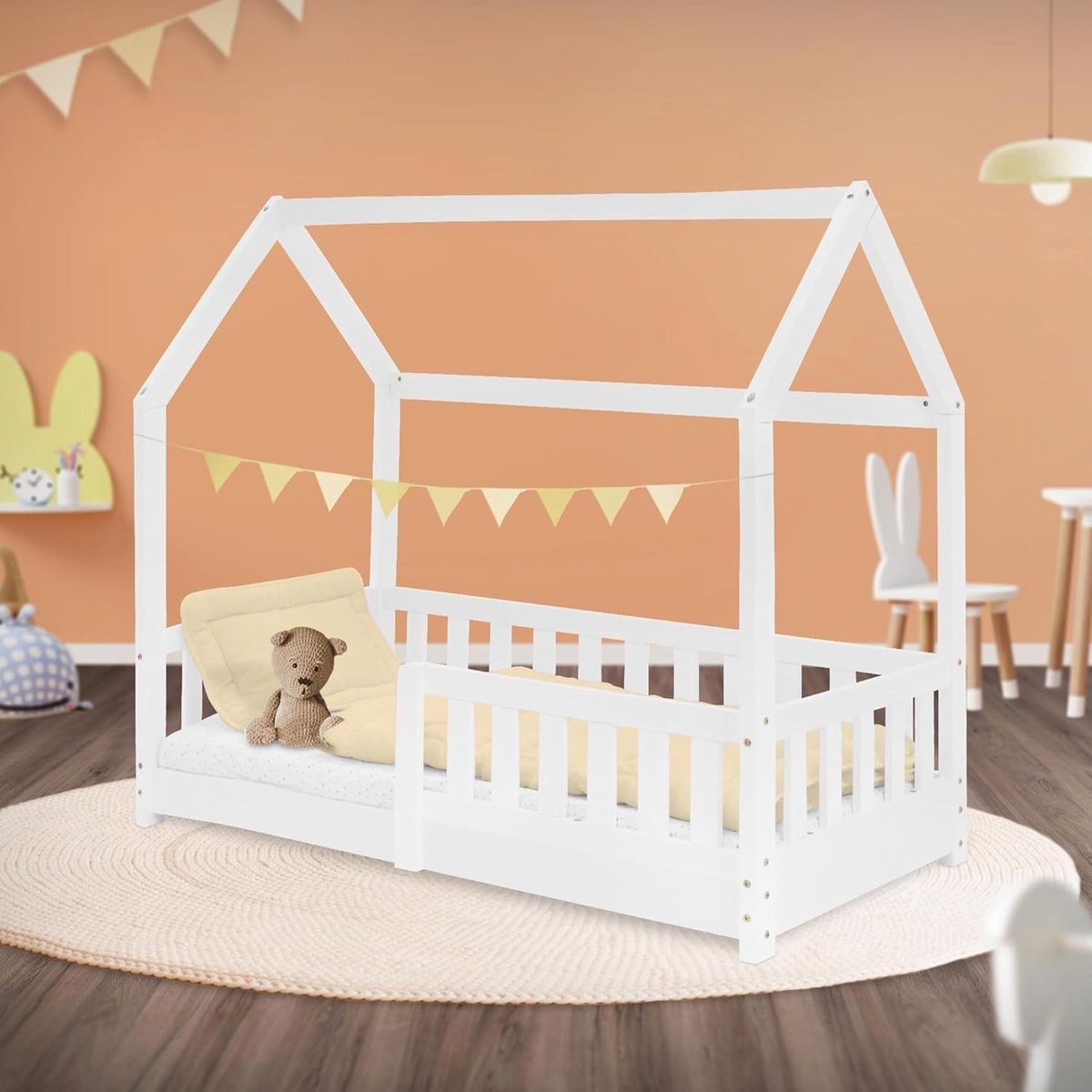 Kinderbed 70x140 cm met uitvalbeveiliging, dak en lattenbodem, wit, massief houten kinderbed, huisbed voor meisjes/jongens, bedhuis van massief grenen hout, stabiel jeugdbed kinderhuis