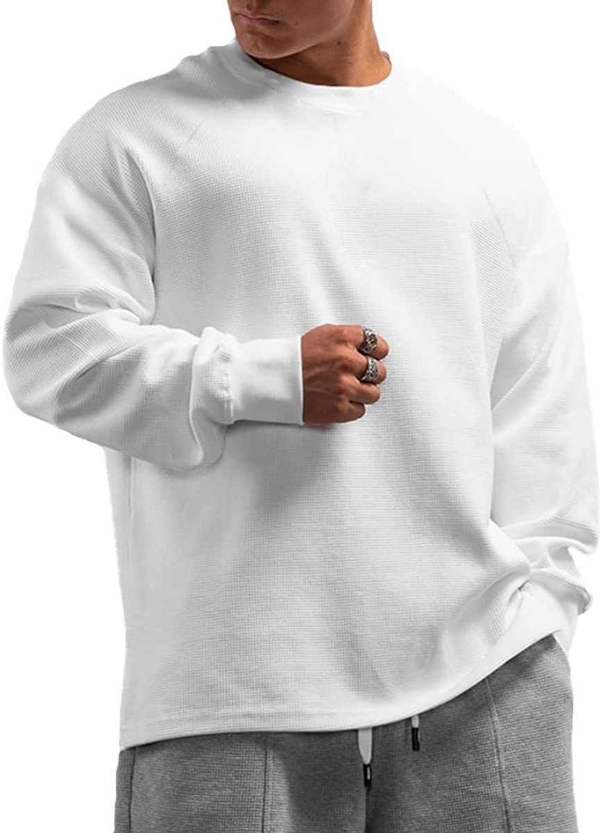 Basic Lange Mouw Wafel Sweatshirt Losse Fit Workout Pullover Ronde Hals Shirt