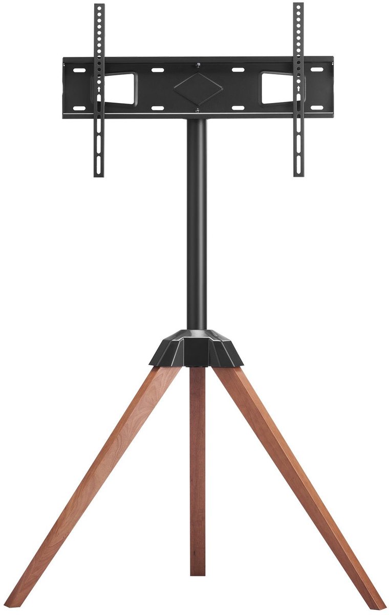 Tv-standaard met statief, geschikt voor 40-65 inch platte/gebogen tv's tot 45 kg, 18° links-rechts draaibaar, draagbare tv-standaard met eikenhouten poten, voor slaapkamer, woonkamer, studio, MAX VESA 600 x 400 mm