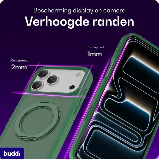 Groen telefoonhoesje met verhoogde randen (2mm camera, 1mm display) en een magsafe ring.