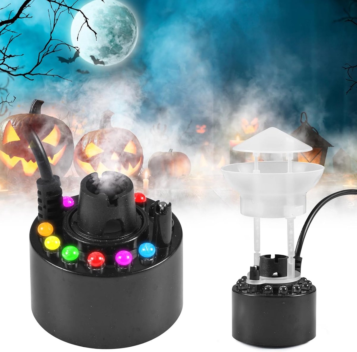 Ultrasone vernevelaar, 12 leds, ultrasoon, mistlampen en verstelbare leds, met afneembaar sproeischerm, voor vijver, aquarium, tuin, Halloween, pompoen, heksenkop