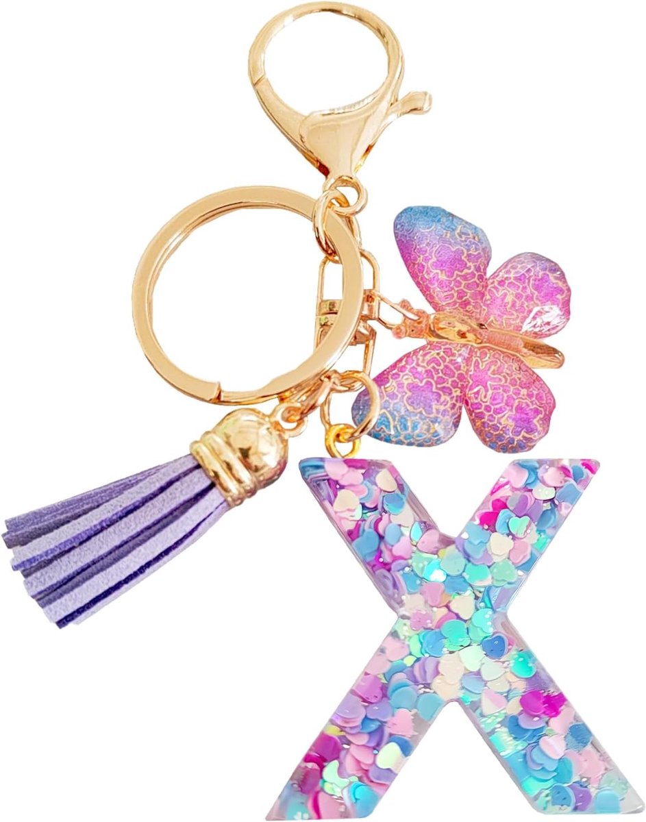 Damessleutelhanger, schattige sleutelhanger, gepersonaliseerde sleutelhanger, tas, sleutelhanger, verjaardagscadeau, zusteralfabetsleutelhanger met vlinder (paars-X)