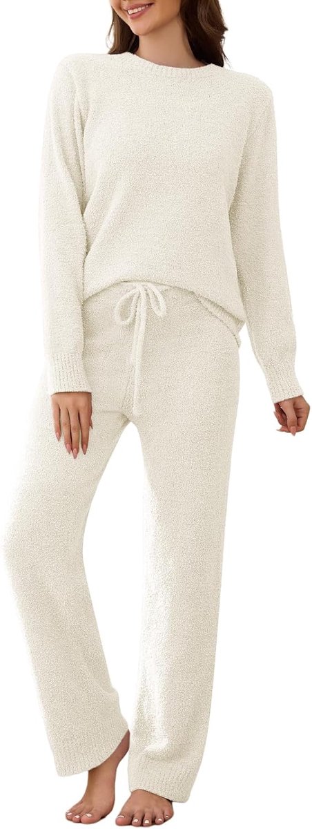 Pyjama sets winter 2-delige fleece pyjama gebreide Co Ord trainingspak set dames loungewear lange mouw pluche outfit nachtkleding ronde hals pullover top trekkoord broek