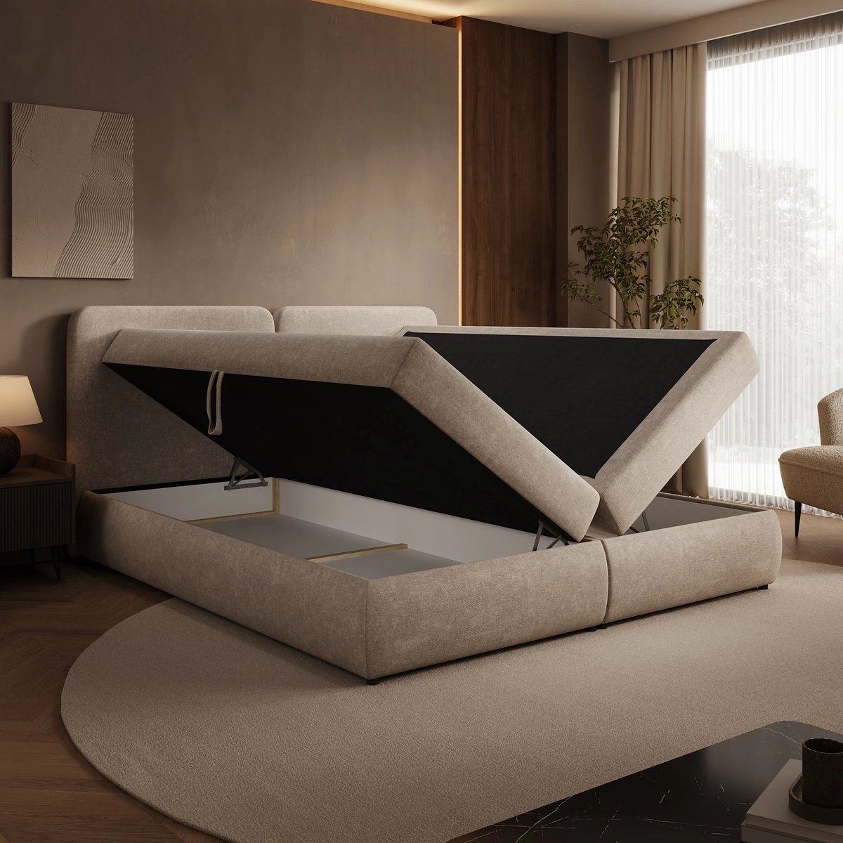 Meubella - Novu - Boxspring met opbergruimte - Stof beige - 180x200 cm thumbnail 2