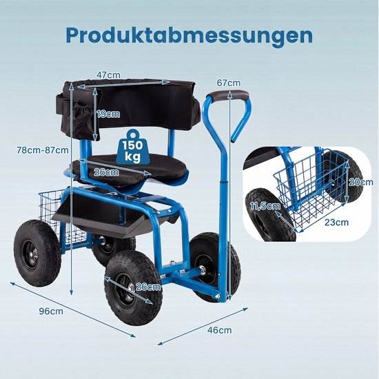 COSTWAY Tuinwagen met rolstoel en uittrekbare handgreep, mobiele tuinstoel met plank, mand, gereedschapstas en zitkussen, 360 graden draaibaar, in hoogte verstelbaar, draaibare tuinkruk tot 135 kg — afbeelding 4