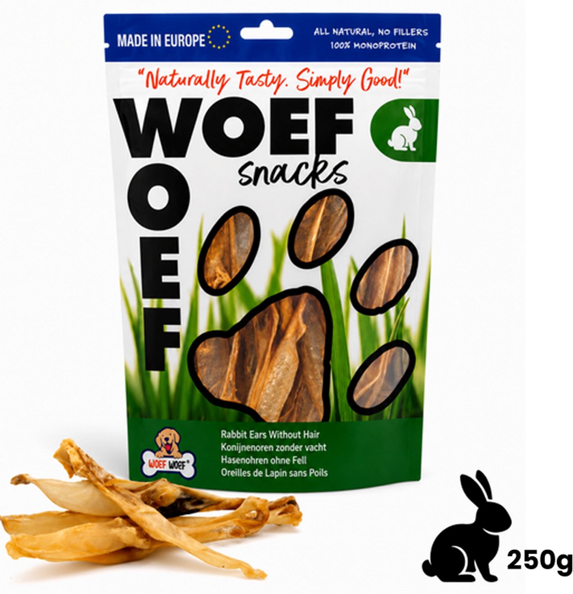 Woef Woef Snacks Hondensnacks Konijnenoren zonder haar - 0.25 KG - Kauwsnacks - Gedroogd vlees - Konijn - Vanaf 3 maanden - Geen toevoegingen
