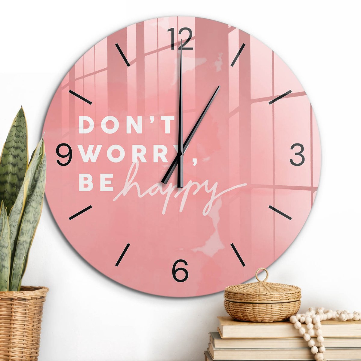 ArtPrintCave Roze Glazen Klok - Wandklok 60 cm - Muurklok Rond - Positieve Inspiratie Stille Wandklok - Kunst Wandklok Keuken - Zwarte Klokwijzers