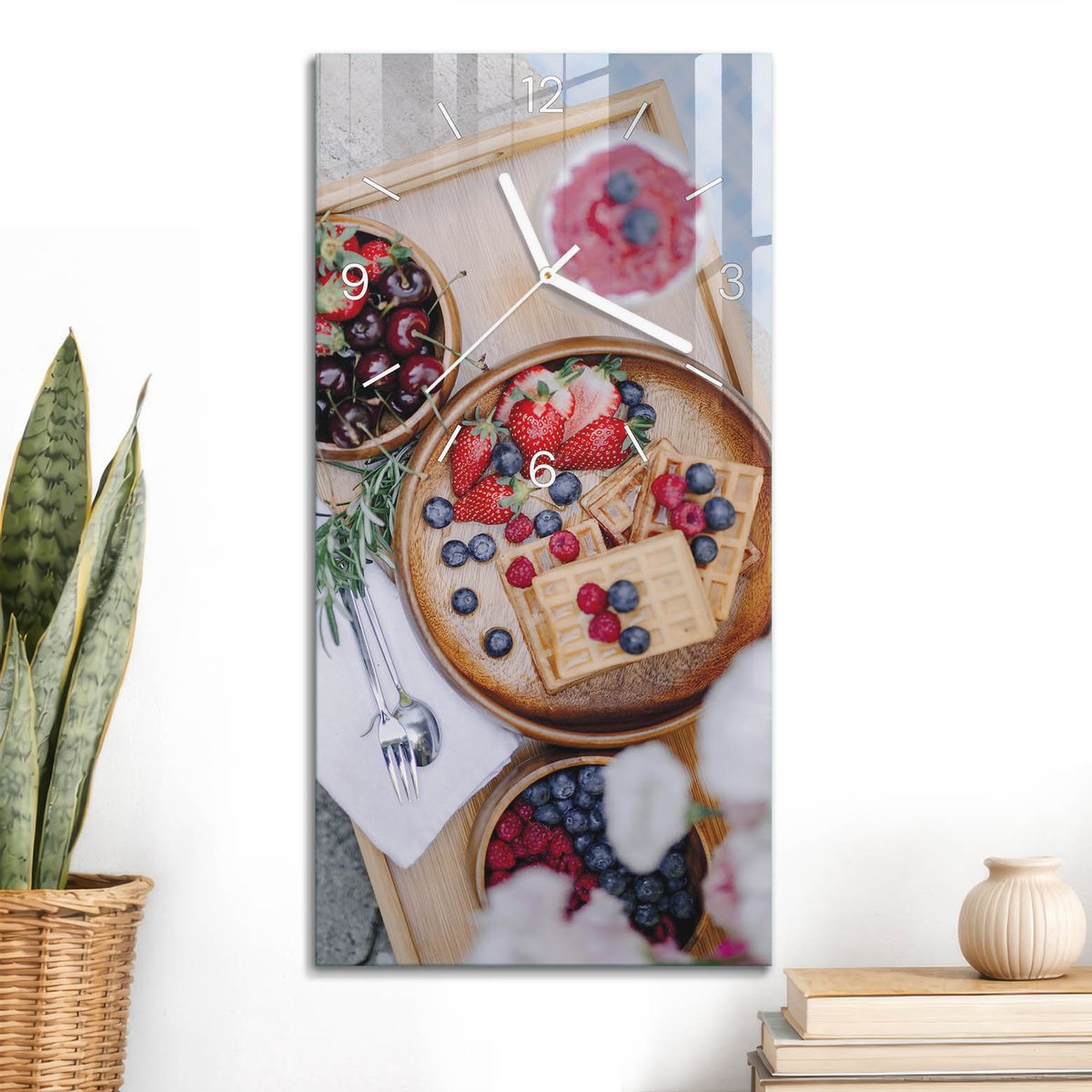ArtPrintCave Rood Glazen Klok - 30x60 cm - Rechthoekige Wandklok - Fruitdessert Unieke Klok - Natuur Stille Wandklok - Witte Klokwijzers