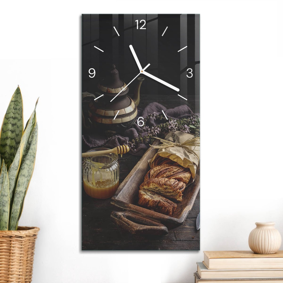 ArtPrintCave Bruin Glazen Klok - 30x60 cm - Rechthoekige Wandklok - Rustiek Feestmaal Wandklok Keuken - Natuur Unieke Klok - Witte Klokwijzers