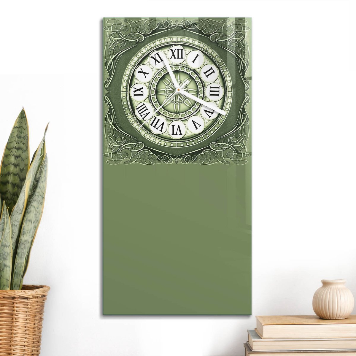 ArtPrintCave Groene Glazen Klok - 30x60 cm - Rechthoekige Wandklok - De Groene Tinten Van De Tijd Unieke Klok - Geometrische Stille Wandklok - Witte Klokwijzers