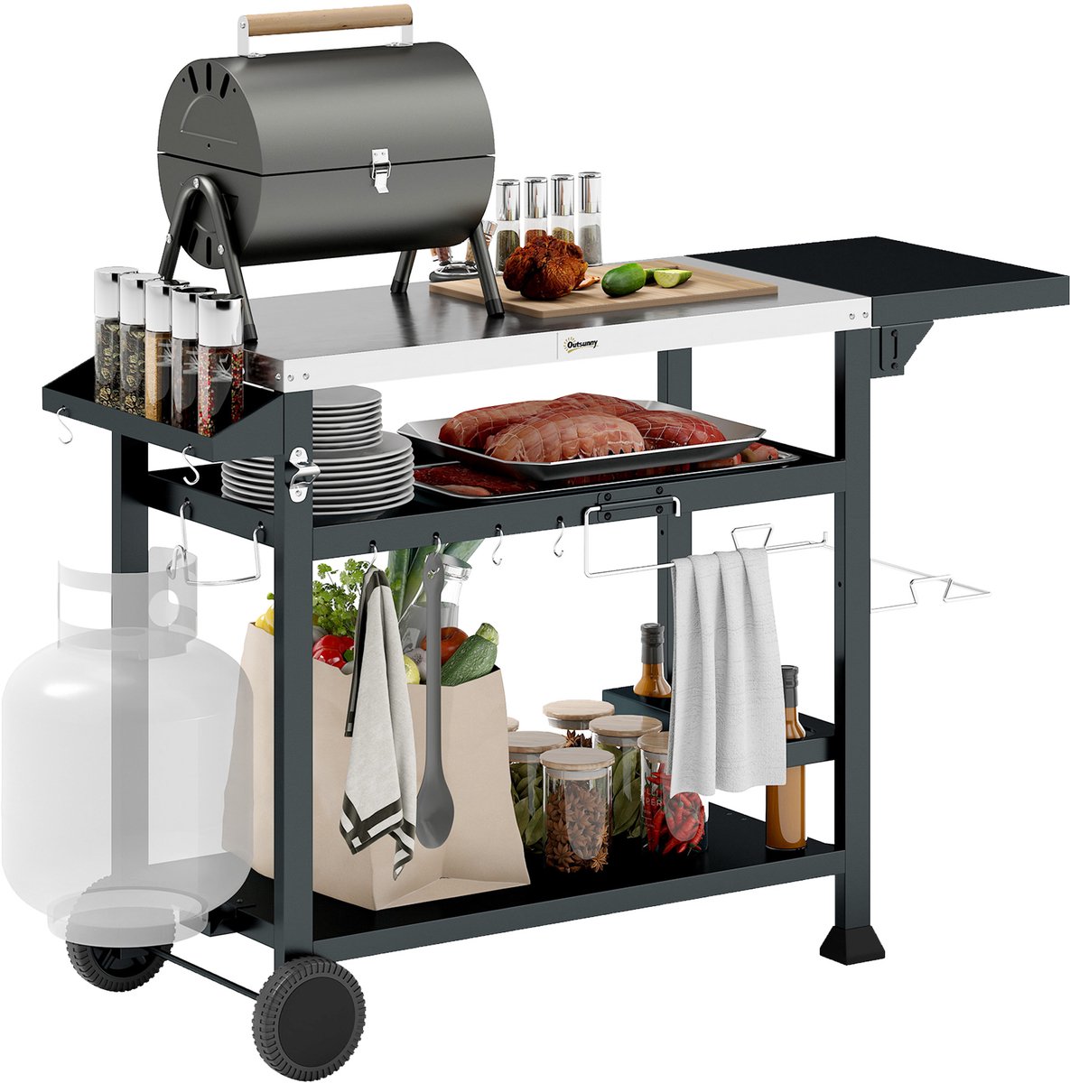 Multifunctionele BBQ Grillwagen - Met Uitklapbare Tafels - RVS Werkblad - 125 x 52 x 84 cm