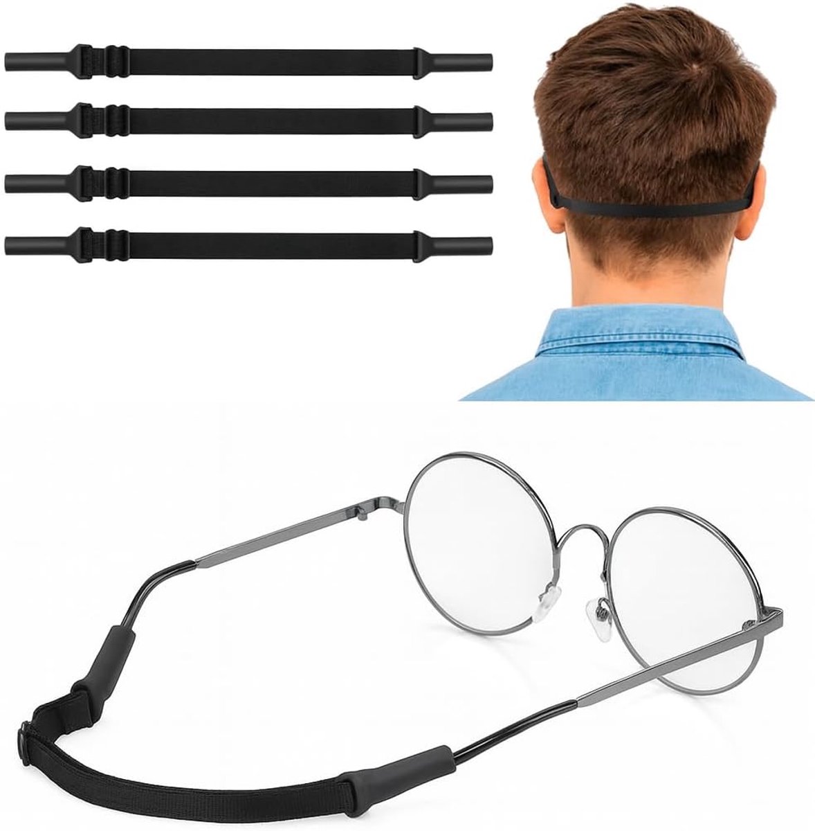 Set van 4 verstelbare brillenkoorden, antislip, zonder staart, brilriem, sport, voor vrouwen, mannen, kinderen, compatibel met alle brillen