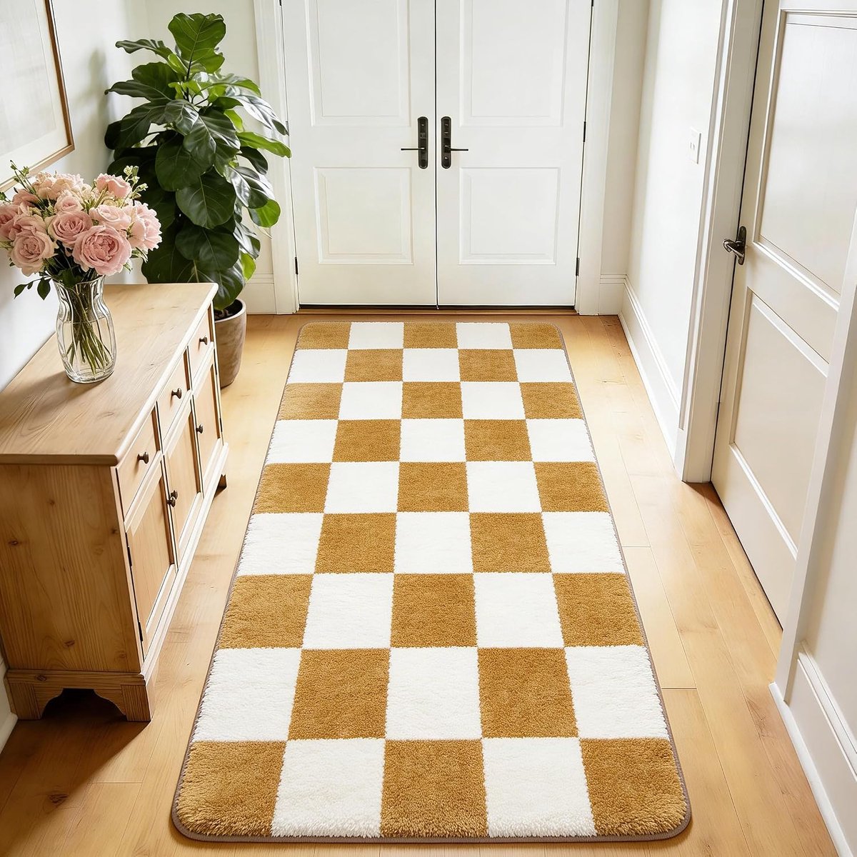 Vloerkleed Woonkamer de Hal met Geruit 80X150CM, Beige&Wit