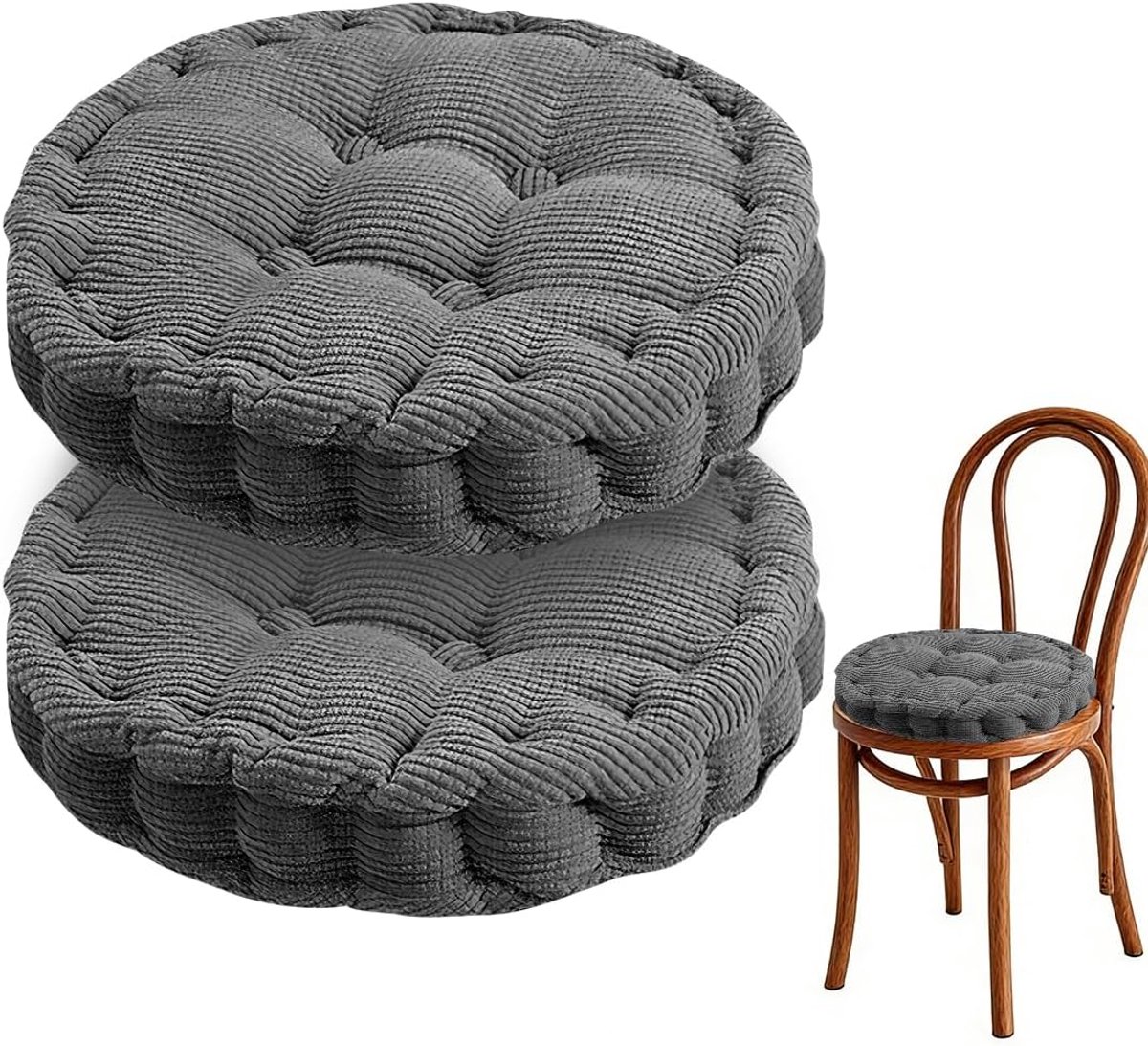 Set van 2 stoelkussens, rond, zitkussen, 40 x 40 cm, dik vloerkussen, zitkussen, voor binnen en buiten, kussen voor tuinstoelen, zitkussen, stoel, voor eetkamer, woonkamer, donkergrijs