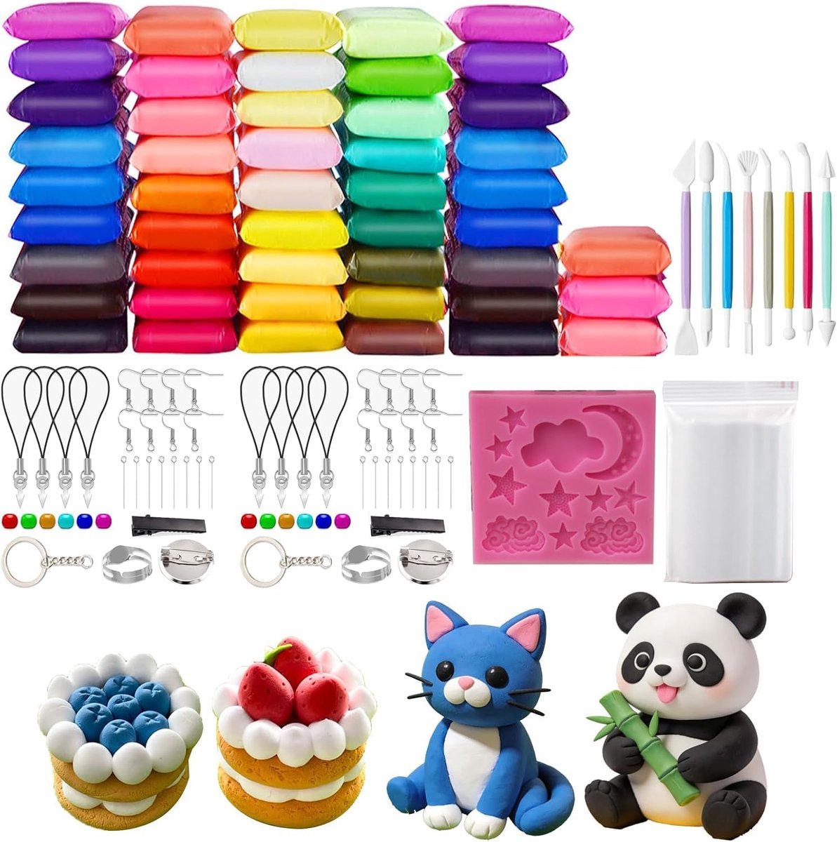 Kleiset met 48 Kleuren en 11 Sculptuurtools - Perfect voor Kinderen, Ideaal voor Creativiteit en DIY - Inclusief 100 Zipper Bags en 2 Set Oorbellen en Sleutelhanger Accessoires