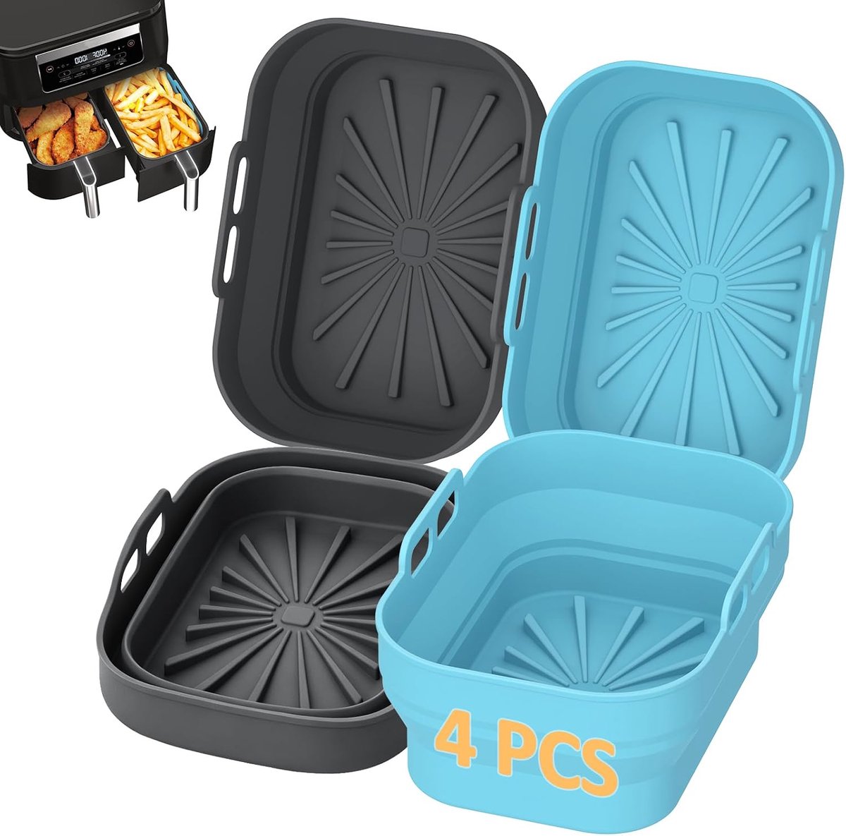 4 stuks herbruikbare siliconen airfryer-bakvormen, opvouwbare rechthoekige baktray, geschikt voor de meeste dual-zone airfryers, antiaanbak, hittebestendige accessoires (donkergrijs & hemelsblauw)