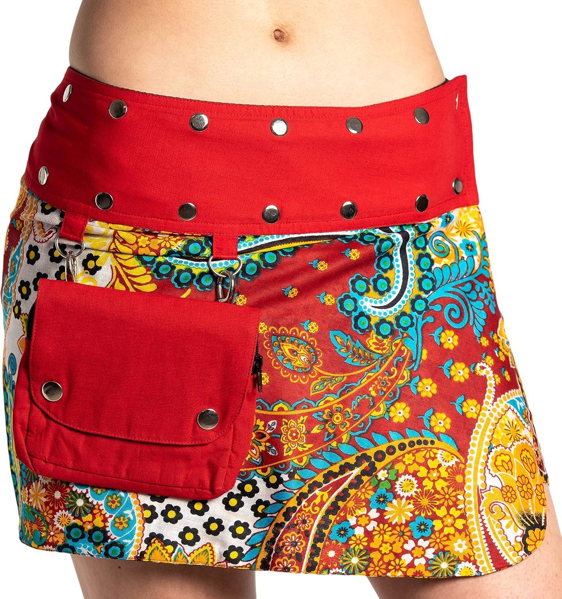 Minirok voor dames uit India met zak en 2 patronen om te draaien, zomerrok kort, omkeerbare rok, wikkelrok Goa Gypsy heupflatterende rok - met 18 klinknagels drukknopen, flexibel - diverse designs