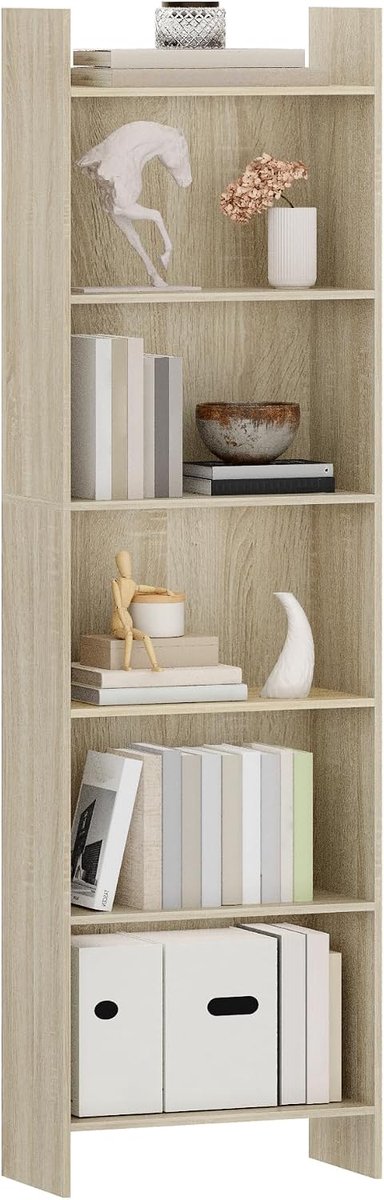 Boekenkasten, staande opbergplanken, woonaccessoires voor thuiskantoor, woonkamer, slaapkamer, 24 x 48 x 170 cm, Witte eik en wit BC01116X