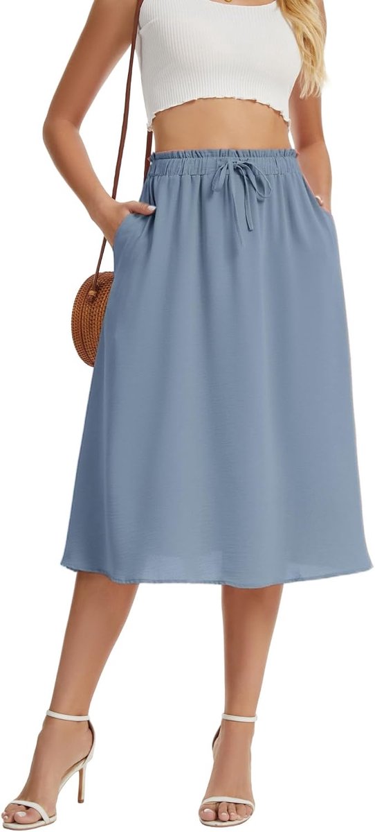 Rokken voor Vrouwen A-Lijn Elegante Hoge Taille Midi-Rok Met Trekkoord Zomer Lichtgewicht Casual Met Zakken