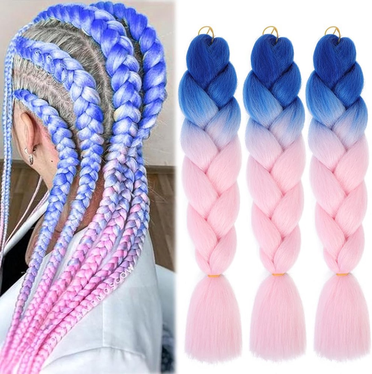 Jumbo Vlechten haarverlengingen blauw roze, kleurrijke vlechthaarverlengingen 60 cm, kunsthaar om in te vlechten voor crochet box braids (b94 blauw roze, 60 cm (3 per verpakking))