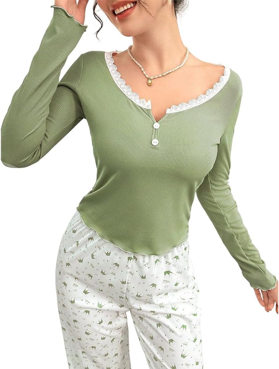 Pyjama dames pyjama broek ronde kraag lange mouwen T-shirt zomer casual nachtkleding loungewear pyjama dames lange mouwen pyjama set nachtkleding pyjamabroek zomer lang vrijetijdspak