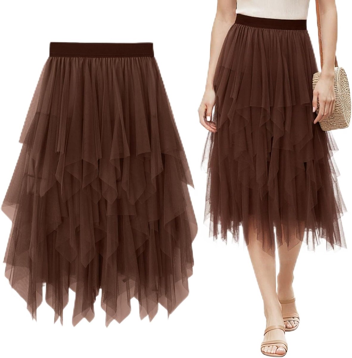 Rok voor Dames Elastisch Onregelmatige Hoge Taille Mesh Plooirok Carnaval Kostuum Elegante A-lijn Midi Tutu Gelaagd met Voering voor Prom Feest Halloween