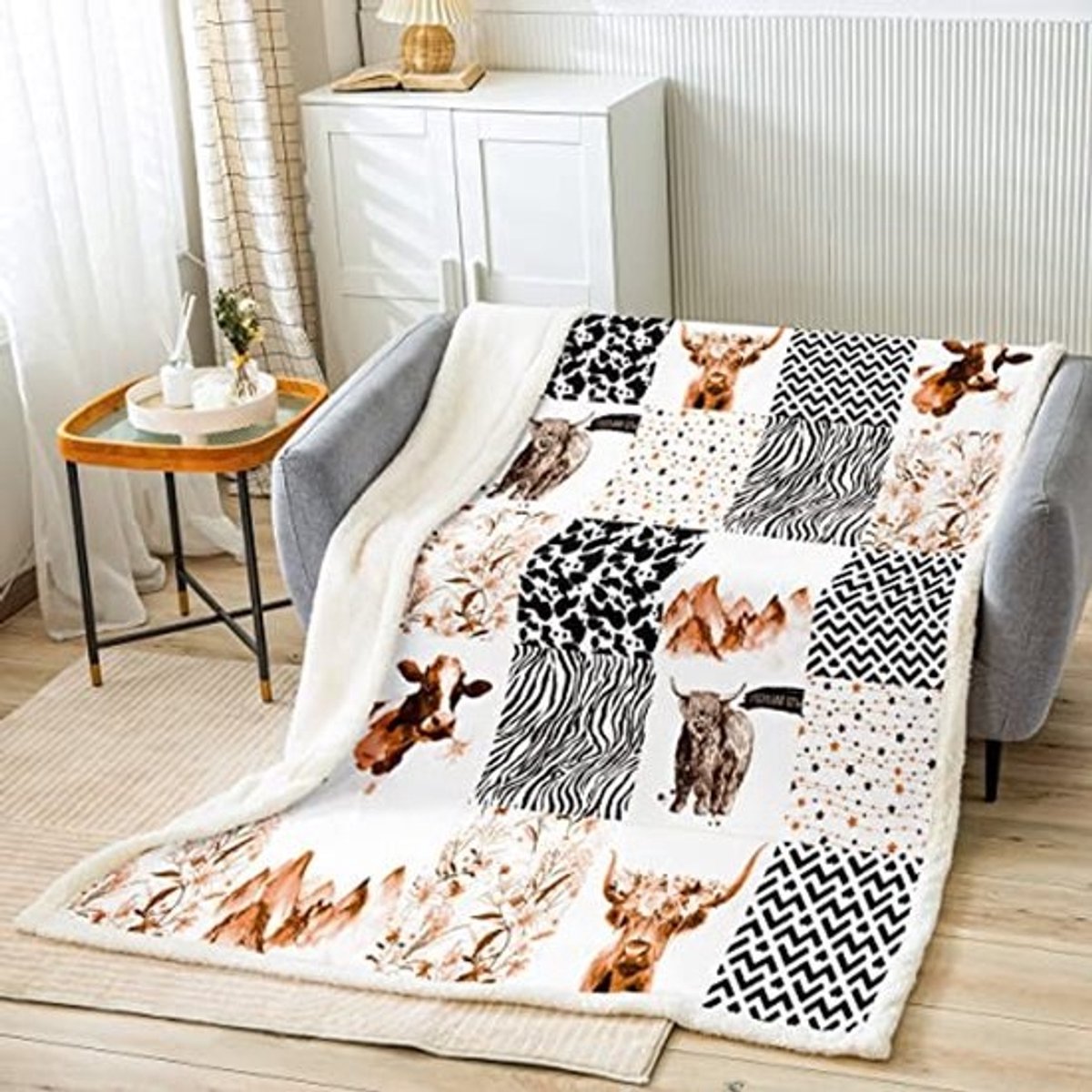 Geometrische Pluizige Deken voor Bed en Sofa - Fleece Sherpa Plaid met Bloemen en Koeien