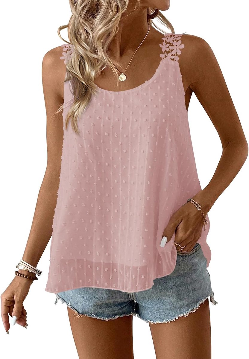 Tanktop voor dames, zomer, boho, blouse, mouwloos, ronde hals, bloemen, elegant, vloeiend, casual, kant, outfits