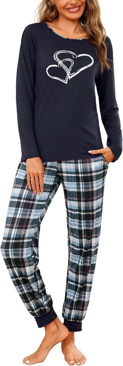 Damespyjama met lange mouwen, geruite pyjamaset, katoen
