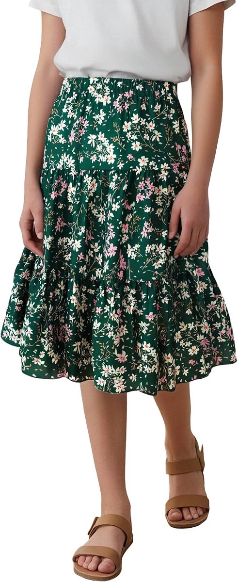 Rok voor meisjes, boho, zomerrok, A-lijn, hoge elastische taille, strandrok, knielange plooirok
