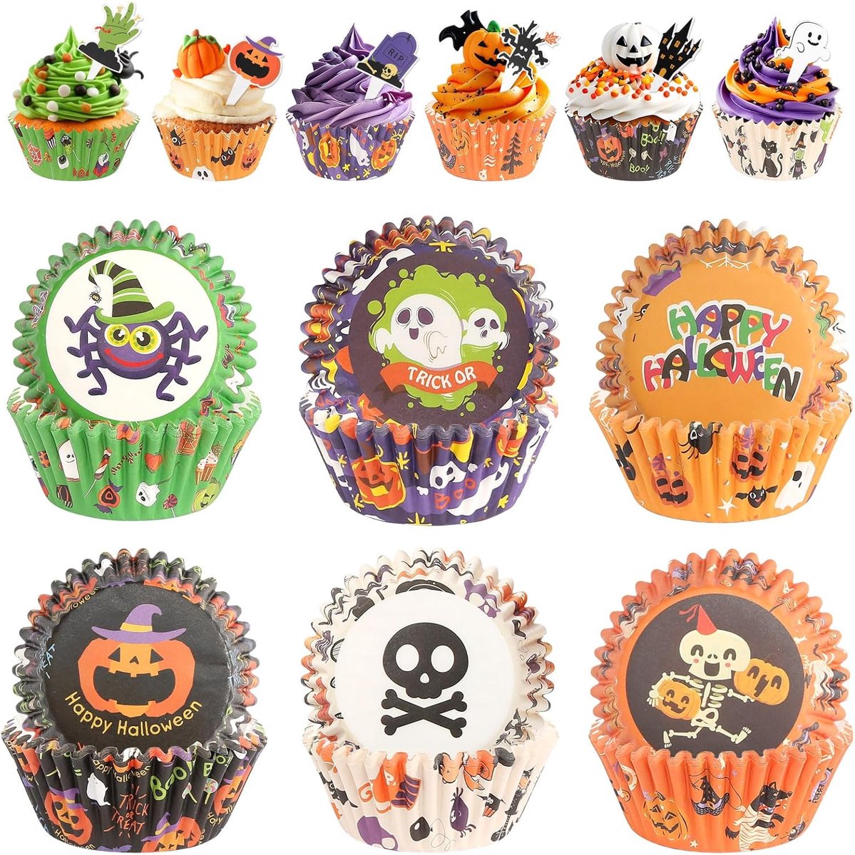 150 stuks muffinvormpjes voor Halloween, cupcake-toppers, Halloween, muffinvormpjes, papieren cupcake-wrappers voor feestdecoratie