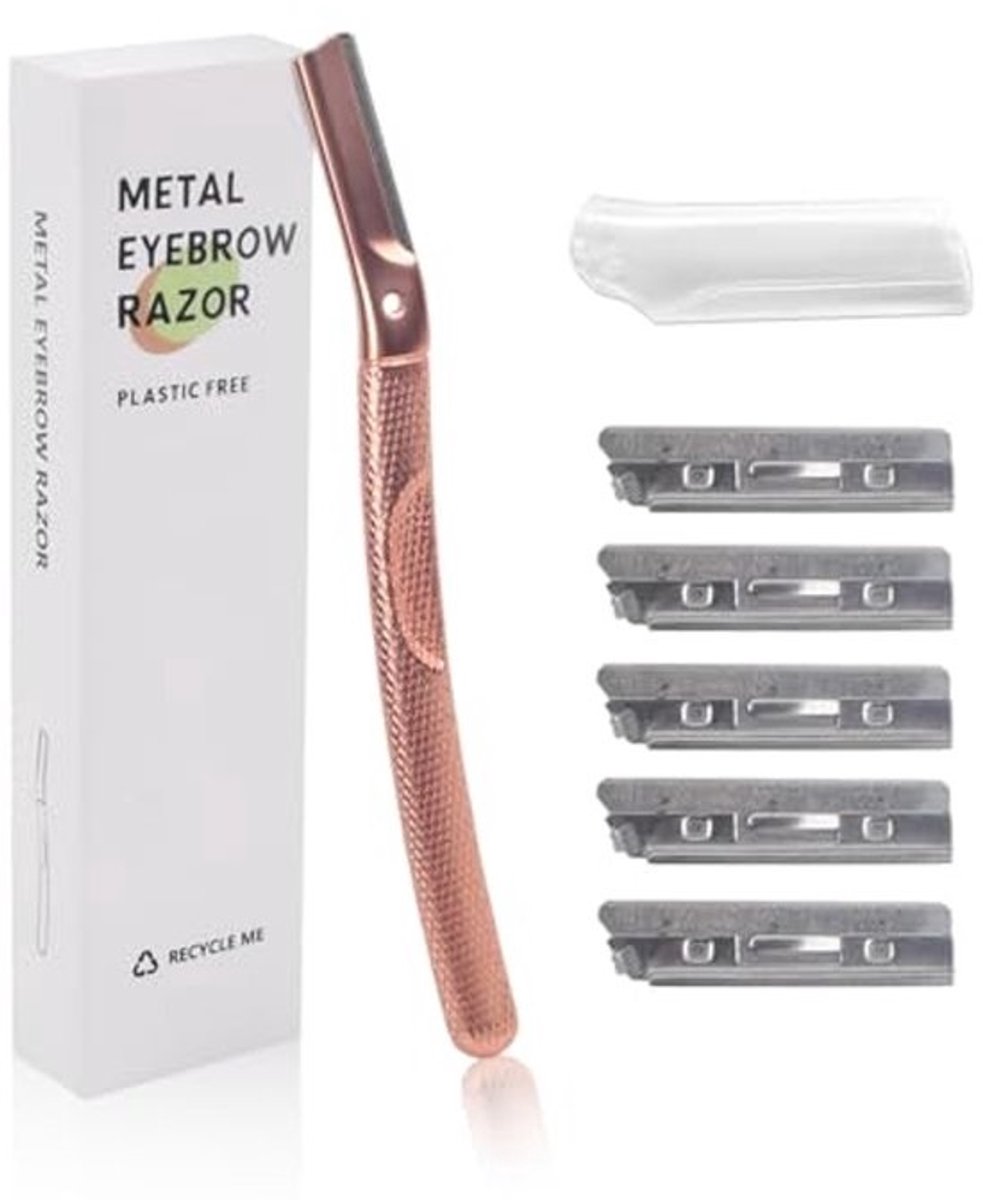 Wenkbrauwscheerapparaat en Dermaplaning Tool - Metalen Scheermes met 6 Verwisselbare Messen in Roségoud