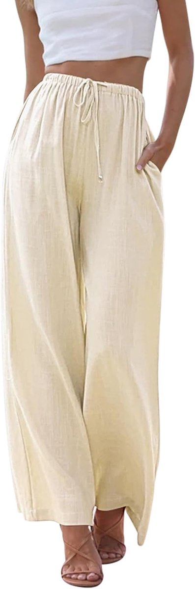 Linnen damesbroek, zomer, brede pijpen, strandbroek met elastische taillezakken, vloeiende palazzobroek, casual lichtgewicht loungebroek voor dames