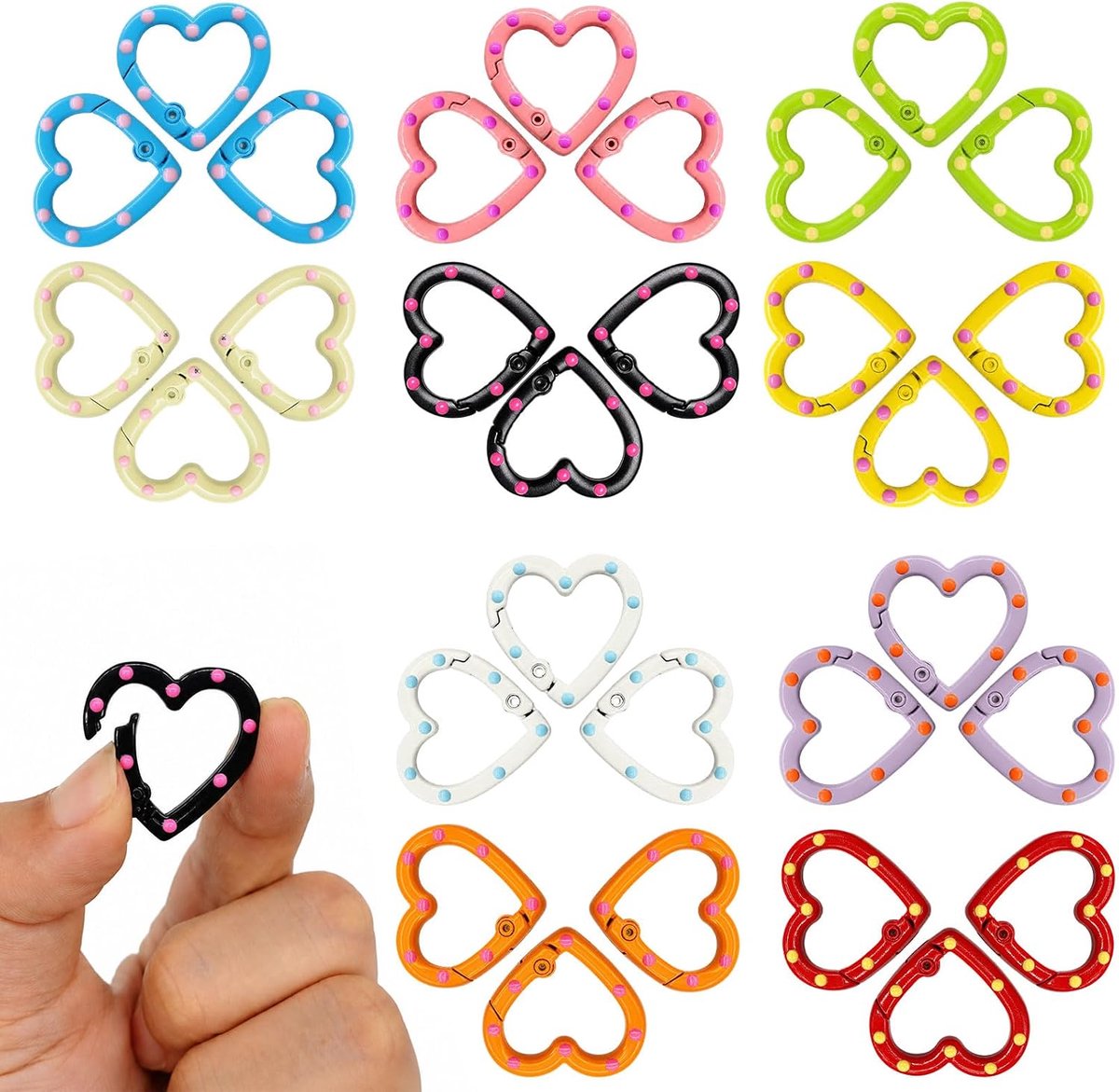 Karabijnhaak hart 2,5x2,5cm met veer, 30 stuks, 10 kleuren