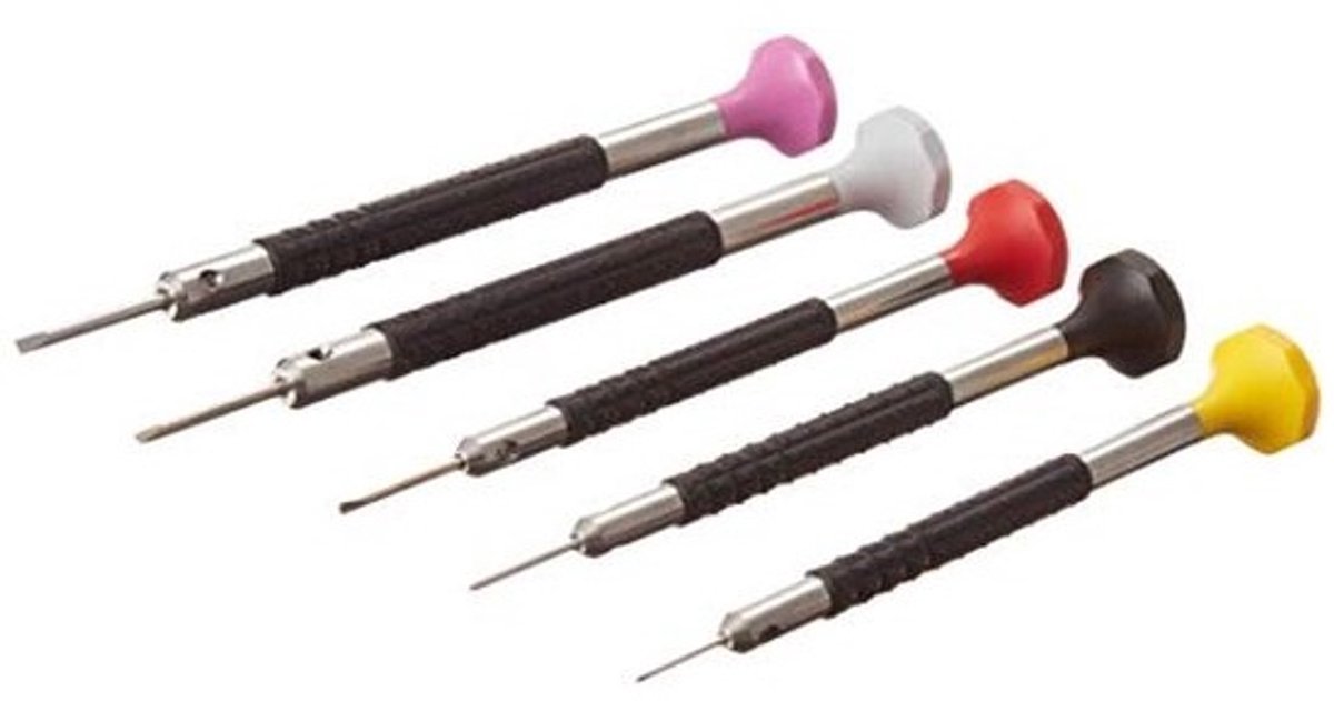 Set van 5 ergonomische schroevendraaiers voor horlogemakers - Zwitsers gereedschap met elastomeercoating
