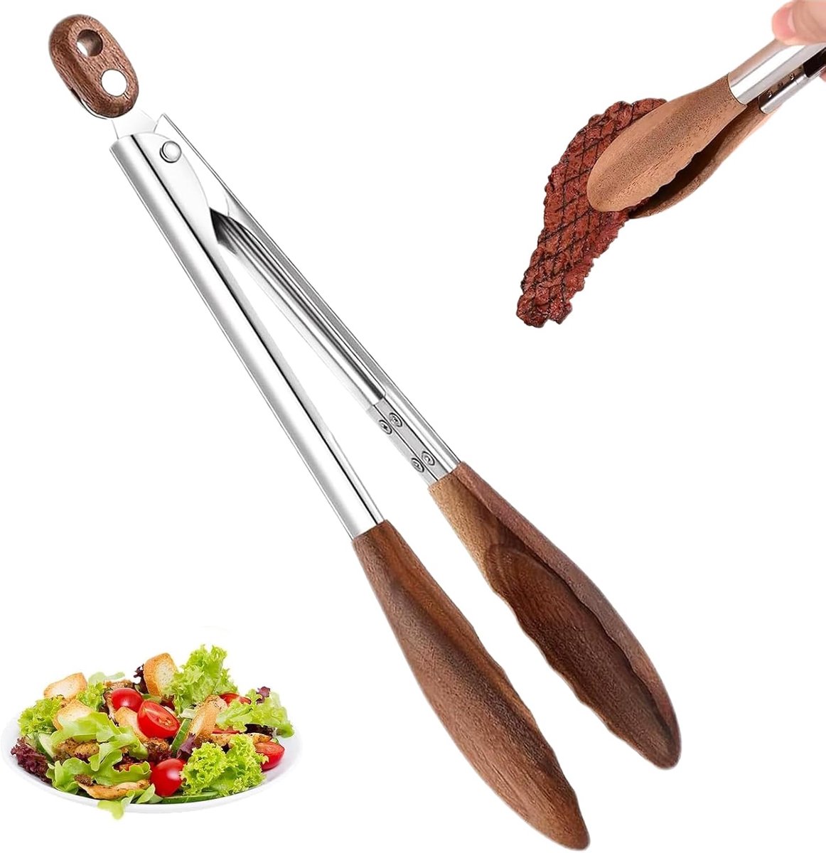 Keukentang van walnoothout en roestvrij staal, 30 cm, robuust en hittebestendig, antibacterieel, multifunctioneel, ideaal voor grillen, braden, serveren, pasta en keukengerei
