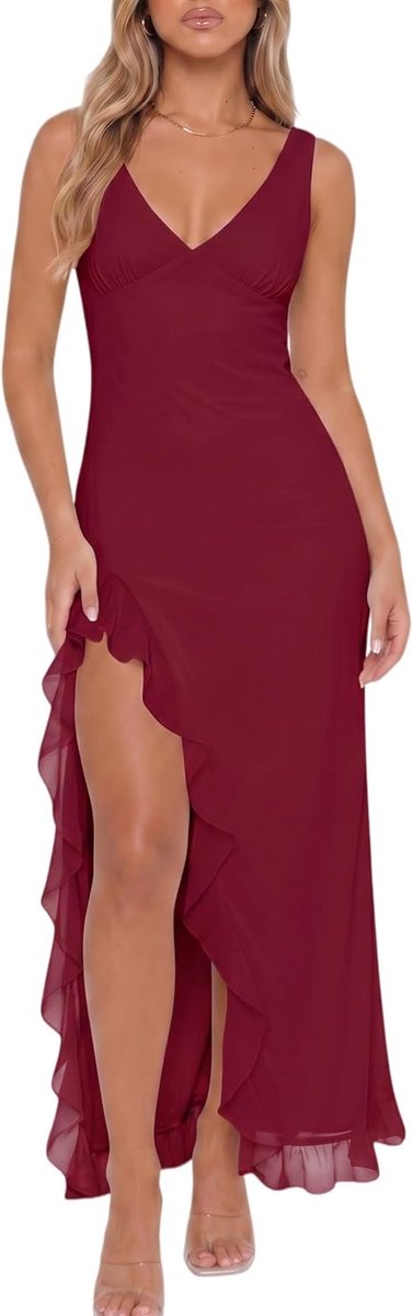Maxi-jurk voor dames, sexy V-hals, mouwloze bodycon-jurken van mesh, elegante rugvrije lange jurk, casual hoge split ruches zoom vloeiende zomer bruiloft gastjurken dames avondjurk voor feest