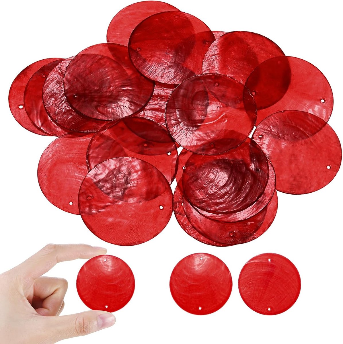 150-Pack Ronde Capiz Zeeschelpen 2", 2 Gaten, Rood
