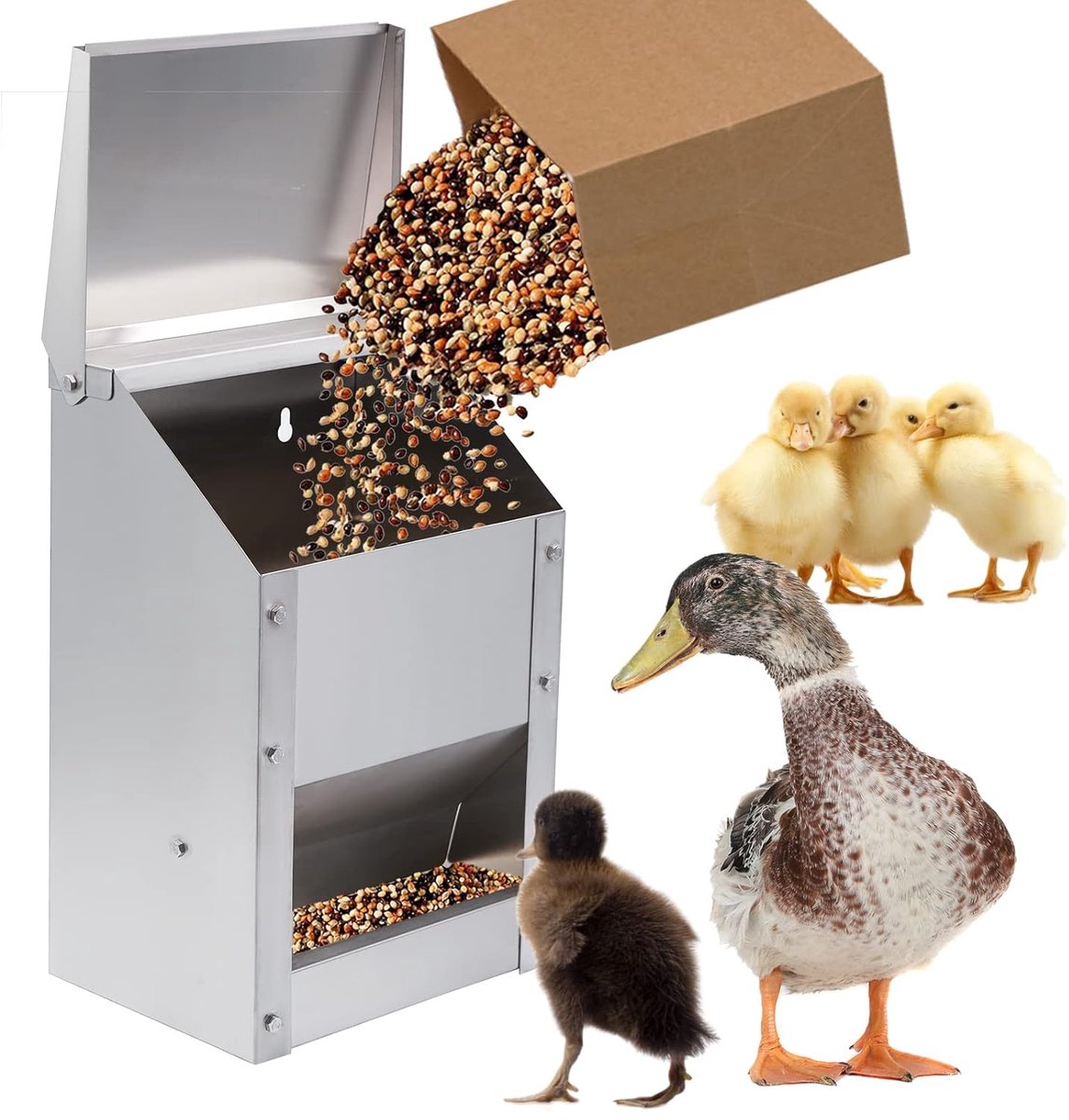 4,5 kg voederautomaat, kippenvoer, automaat, hangend gevogeltevoederautomaat met deksel van roestvrij staal, waterdicht, ophangend, kippenvoederautomaat voor gevogelte, kippen, eend
