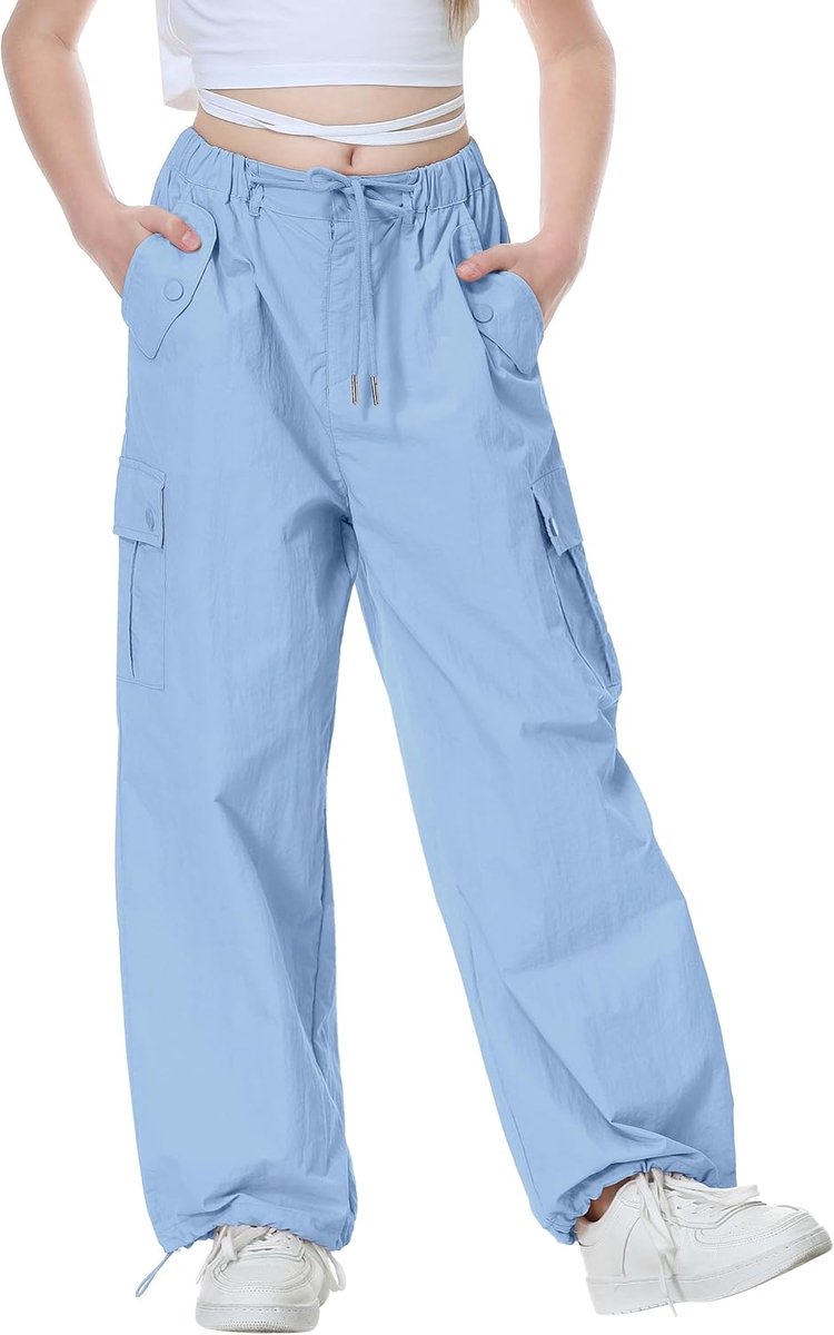 Parachute Baggy Cargo Broek voor Meisjes, Y2K Vintage Joggingbroek met Verstelbare Elastische Taille voor Kinderen