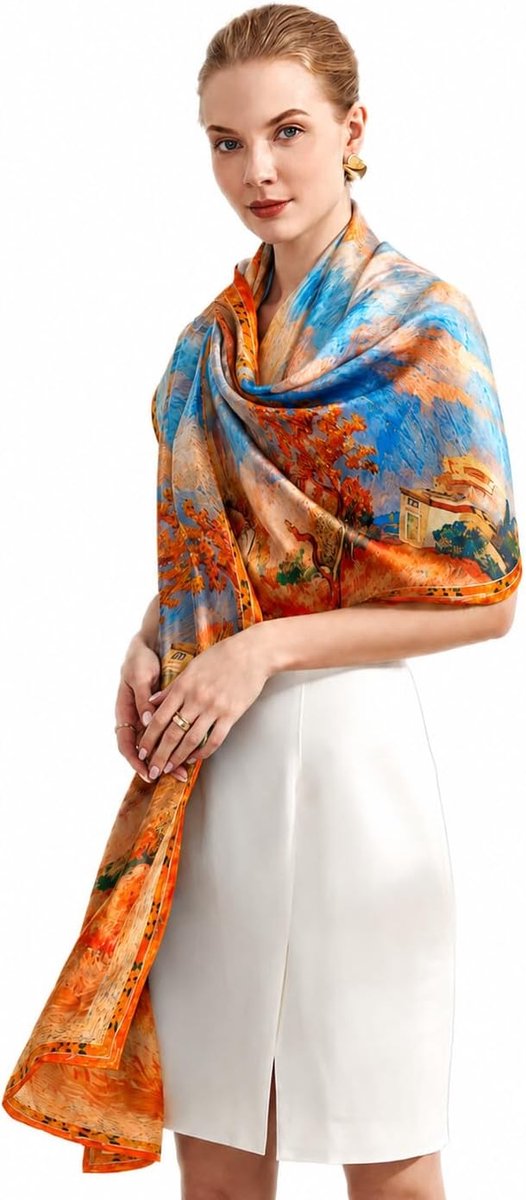Zijden stola blauw XXL oversized van Gogh amandelboomtakken