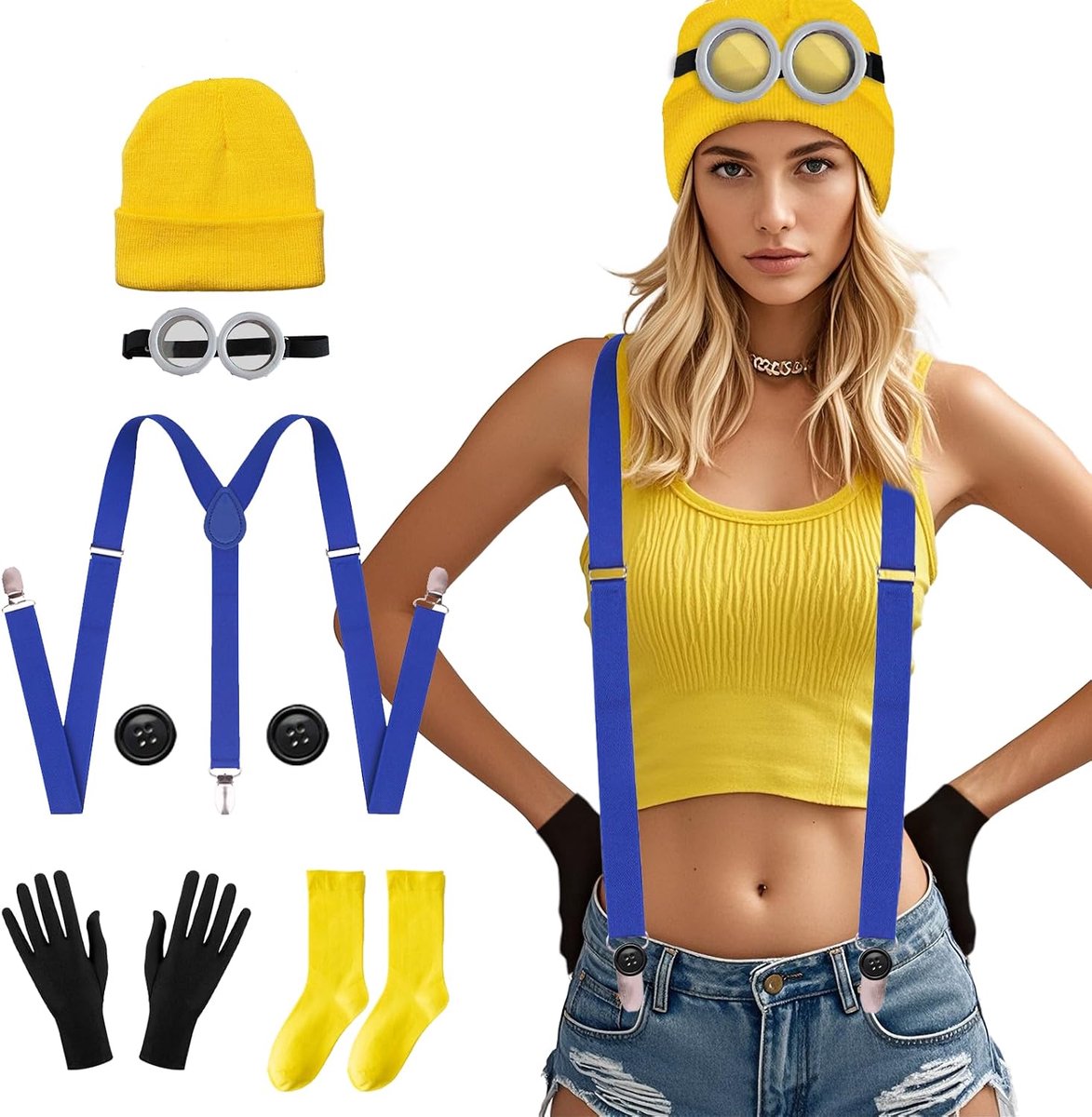 6 stuks Halloweenkostuum, geel kostuum, cosplay voor volwassenen, bevat goggles, hoed, handschoenen, sokken, knoop, Halloween-feestkostuum voor dames en heren